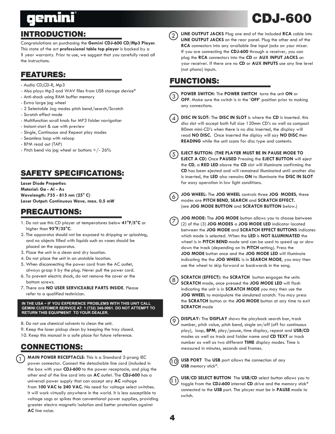 Gemini CDJ-600 manual Introduction, Features, Safety Specifications, Precautions, Connections, Functions 