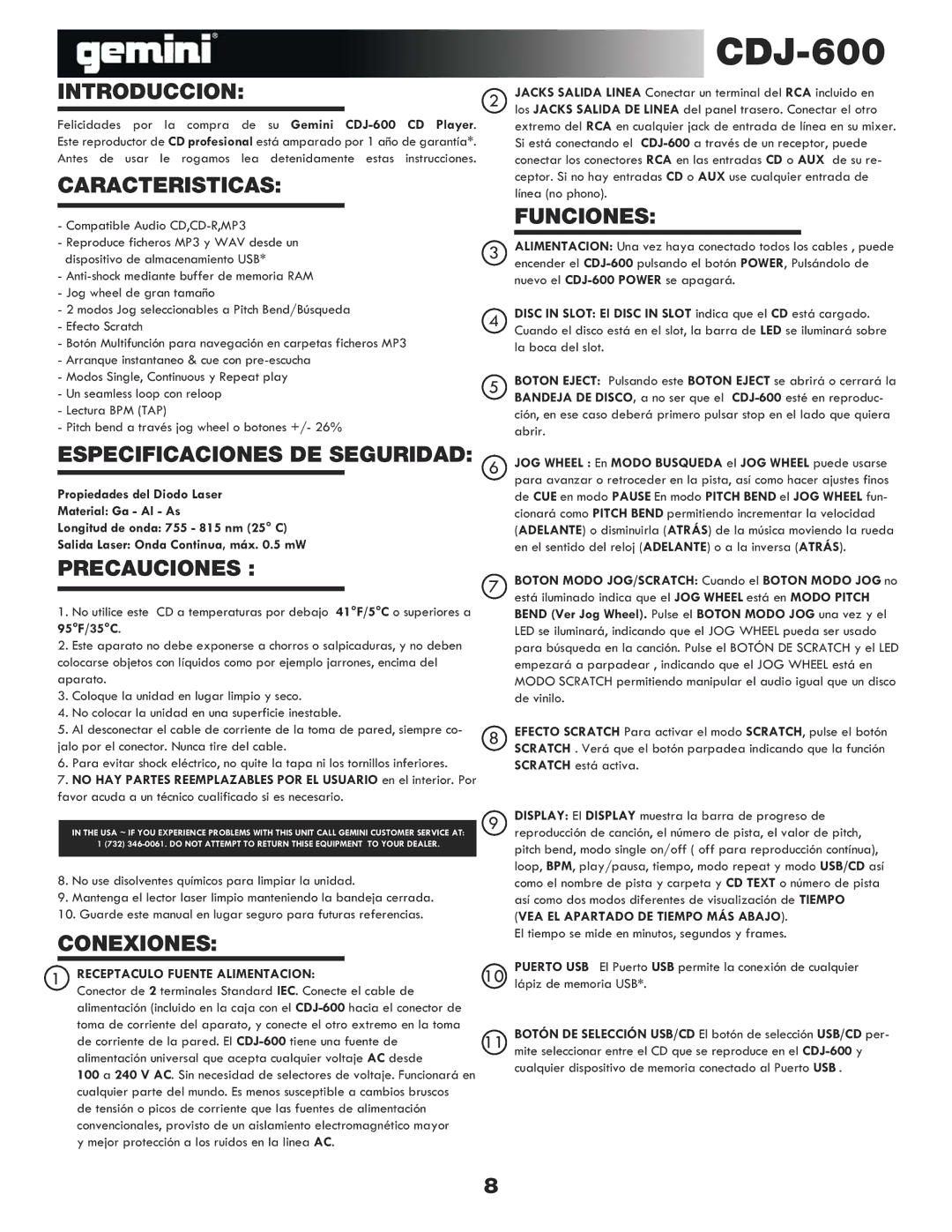 Gemini CDJ-600 manual Introduccion, Caracteristicas, Funciones, Especificaciones DE Seguridad, Precauciones, Conexiones 