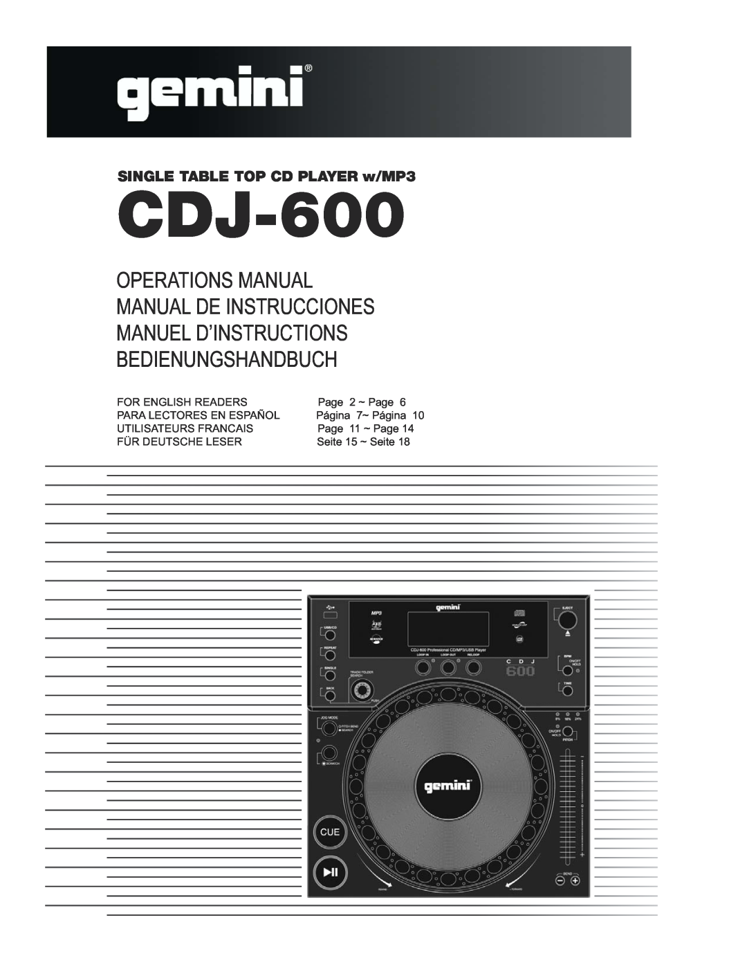 Gemini CDJ-600 manual SINGLE TABLE TOP CD PLAYER w/MP3, For English Readers, Page 2 ~ Page, Para Lectores En Español 