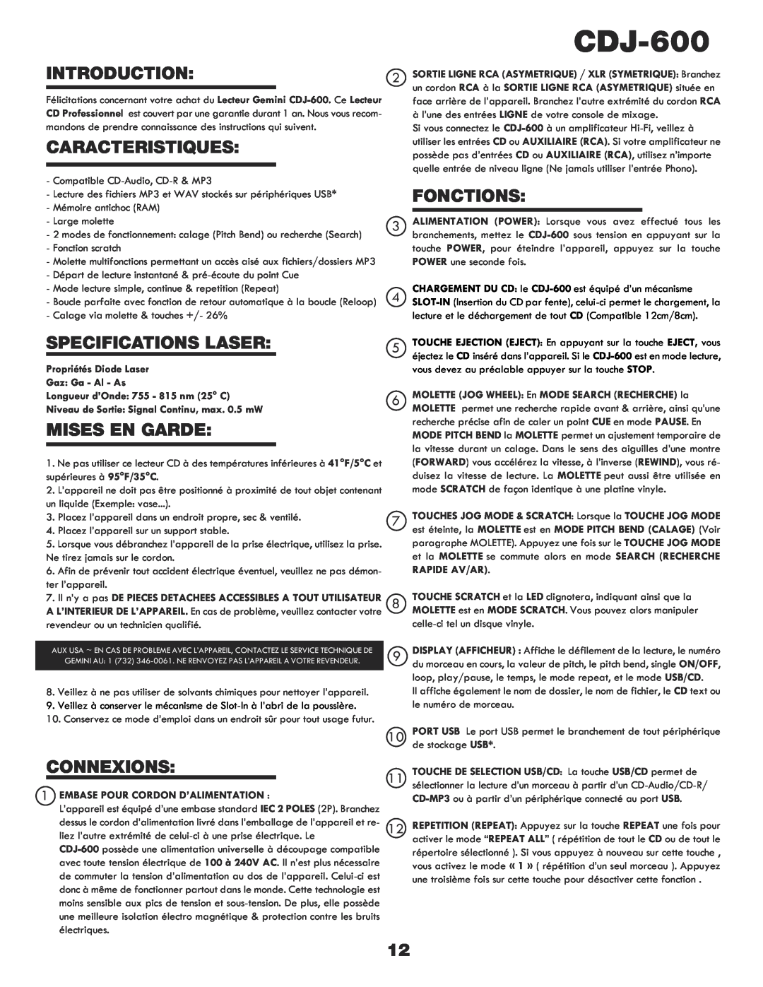 Gemini CDJ-600 manual Caracteristiques, Specifications Laser, Mises En Garde, Connexions, Fonctions, Introduction 