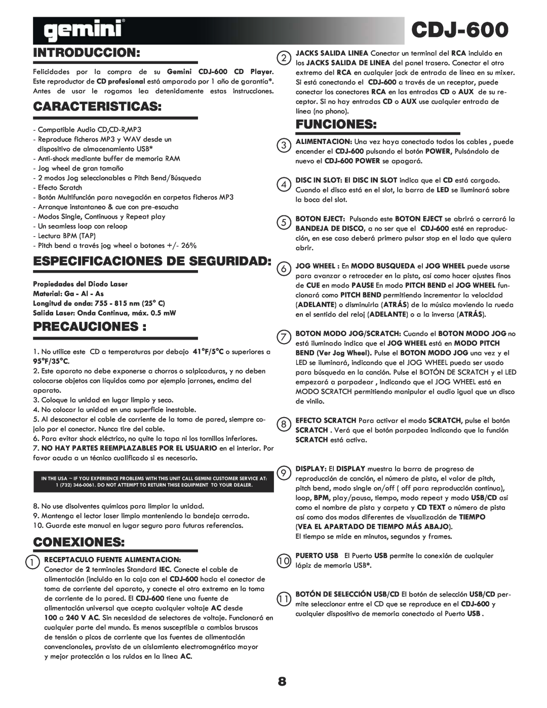 Gemini CDJ-600 manual Introduccion, Caracteristicas, Funciones, Especificaciones De Seguridad, Precauciones, Conexiones 