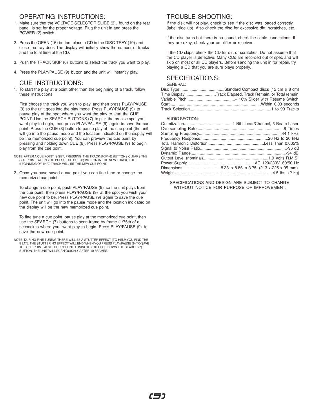 Gemini CDJ-I5X manual Operating Instructions, CUE Instructions, Trouble Shooting, Specifications 