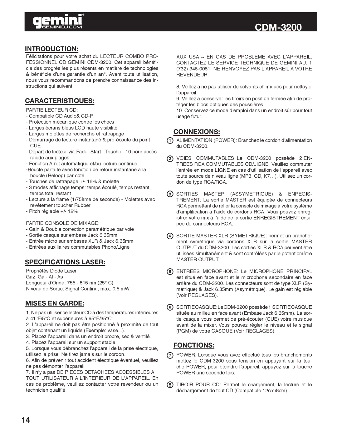 Gemini CDM-3200 manual Caracteristiques, Specifications Laser, Mises EN Garde, Connexions, Fonctions 