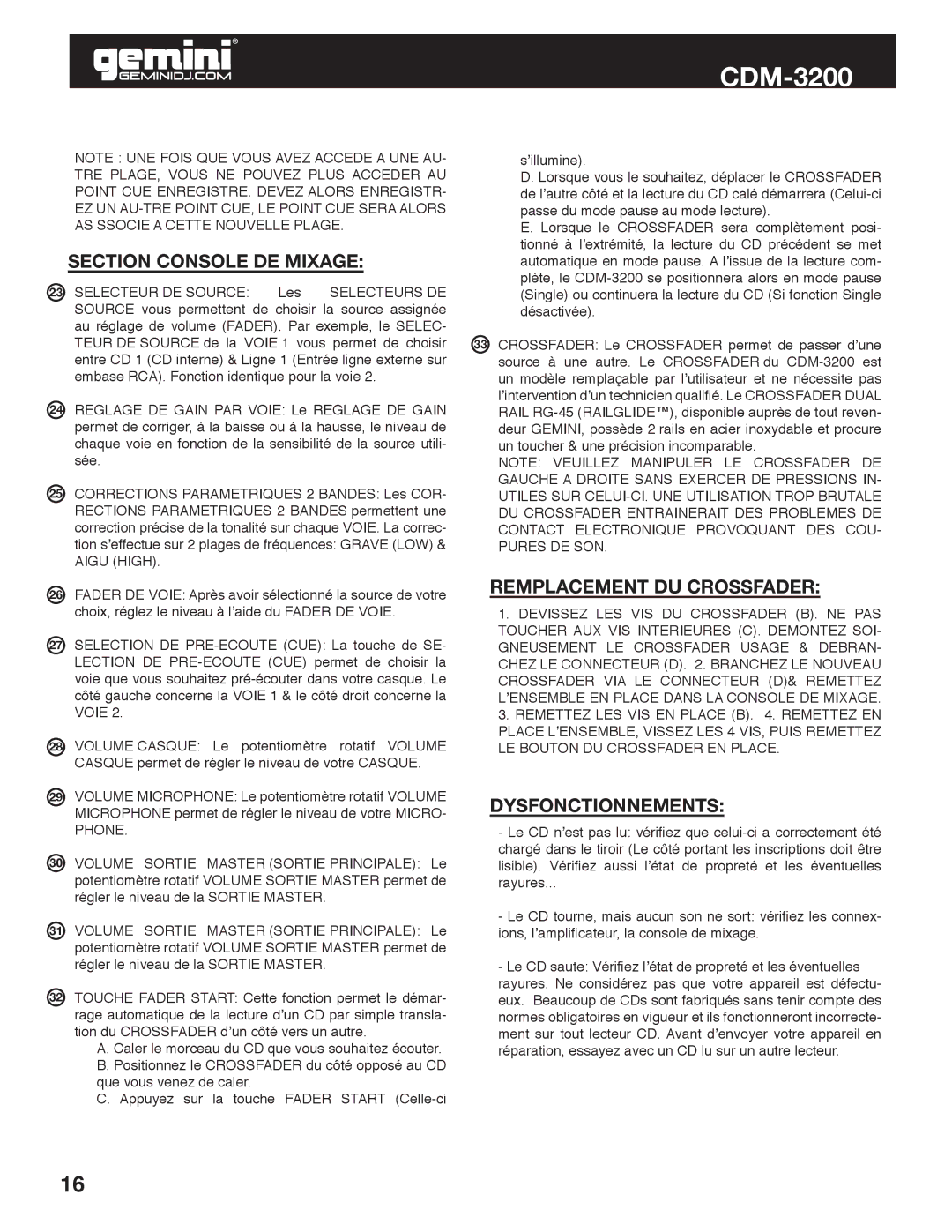 Gemini CDM-3200 manual Section Console DE Mixage, Remplacement DU Crossfader, Dysfonctionnements, Phone 