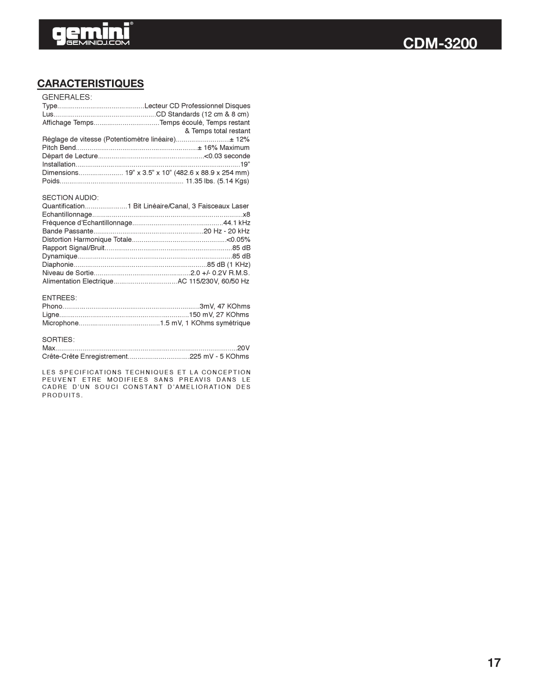 Gemini CDM-3200 manual Generales 