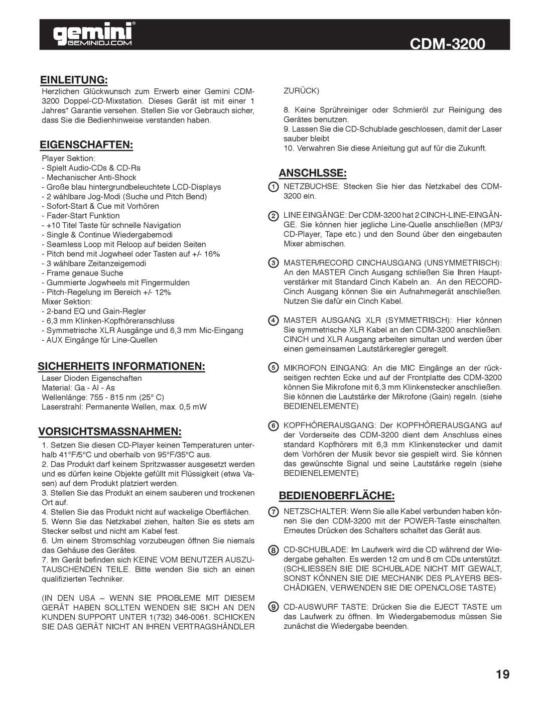 Gemini CDM-3200 Einleitung, Eigenschaften, Sicherheits Informationen, Vorsichtsmassnahmen, Anschlsse, Bedienoberfläche 