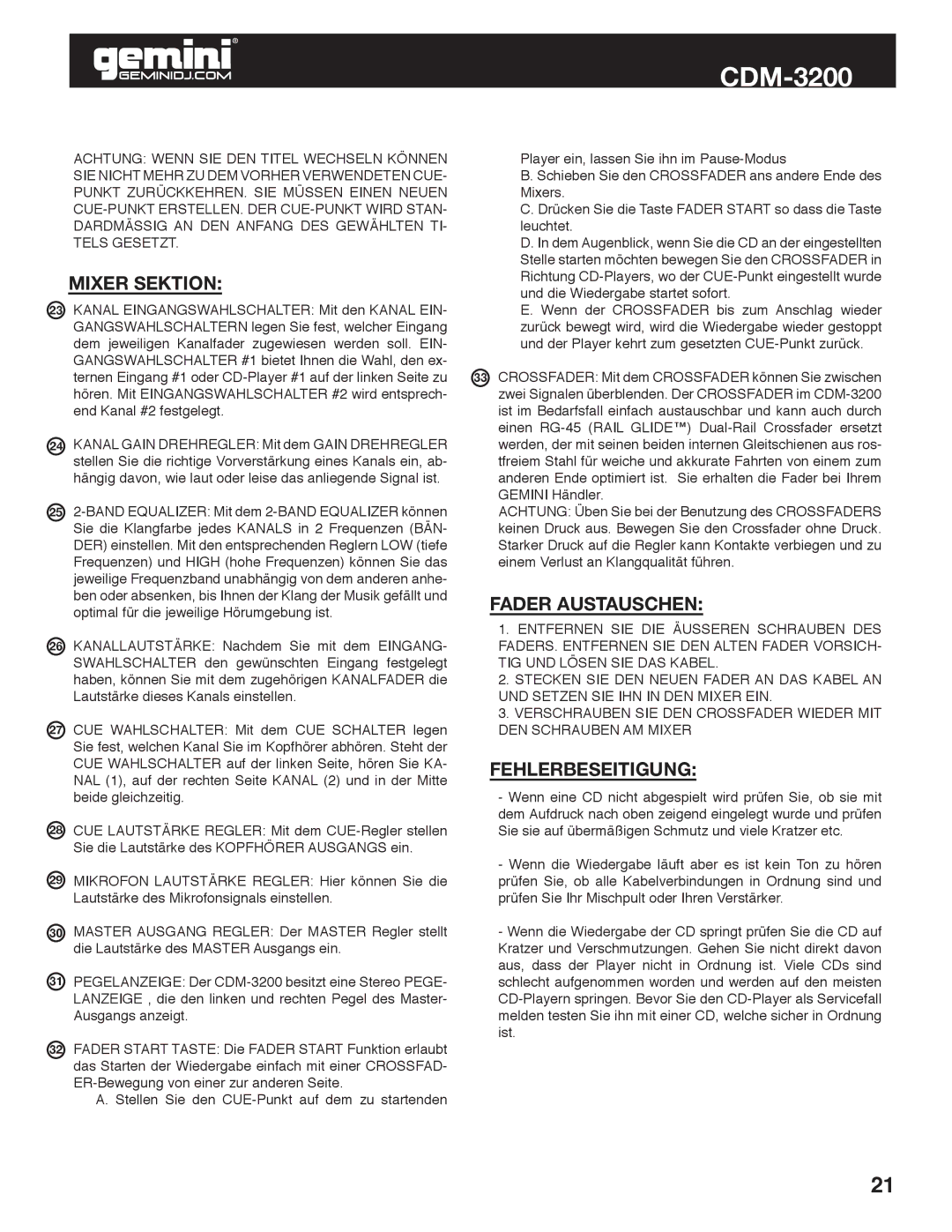 Gemini CDM-3200 manual Mixer Sektion, Fader Austauschen, Fehlerbeseitigung 