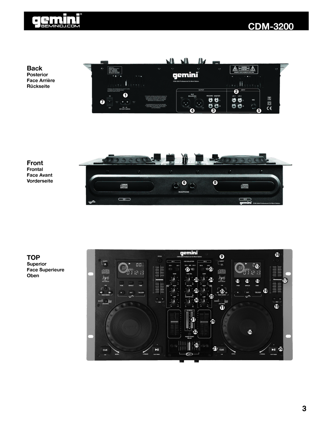 Gemini CDM-3200 manual Top 