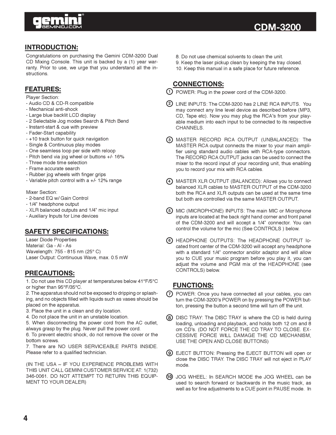 Gemini CDM-3200 manual Introduction, Features, Safety Specifications, Precautions, Connections, Functions 