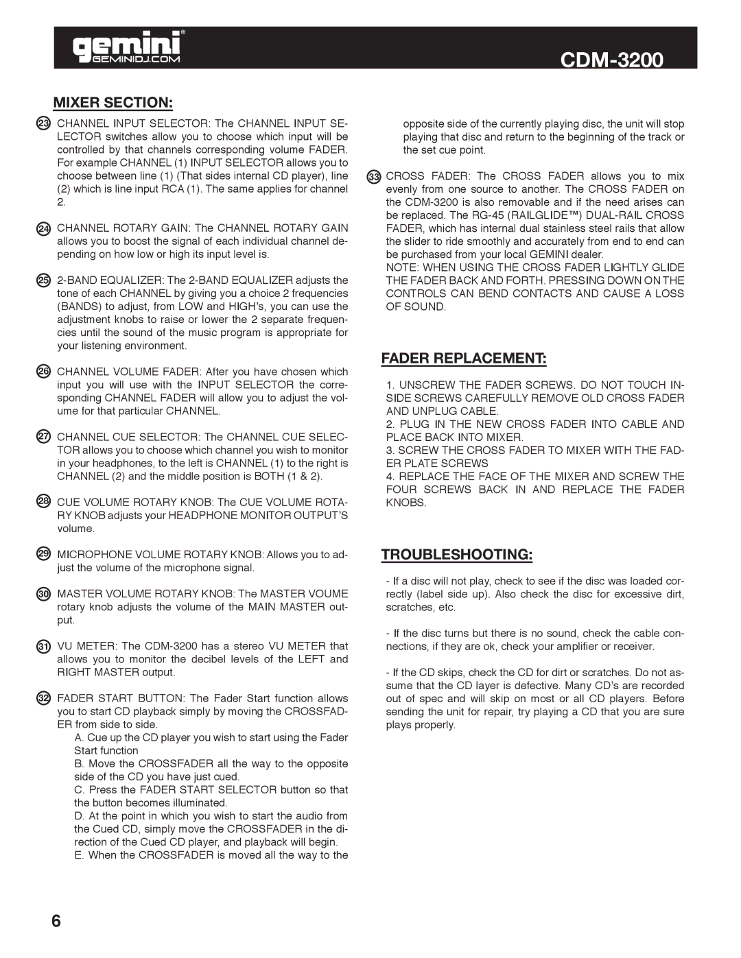 Gemini CDM-3200 manual Mixer Section, Fader Replacement, Troubleshooting 