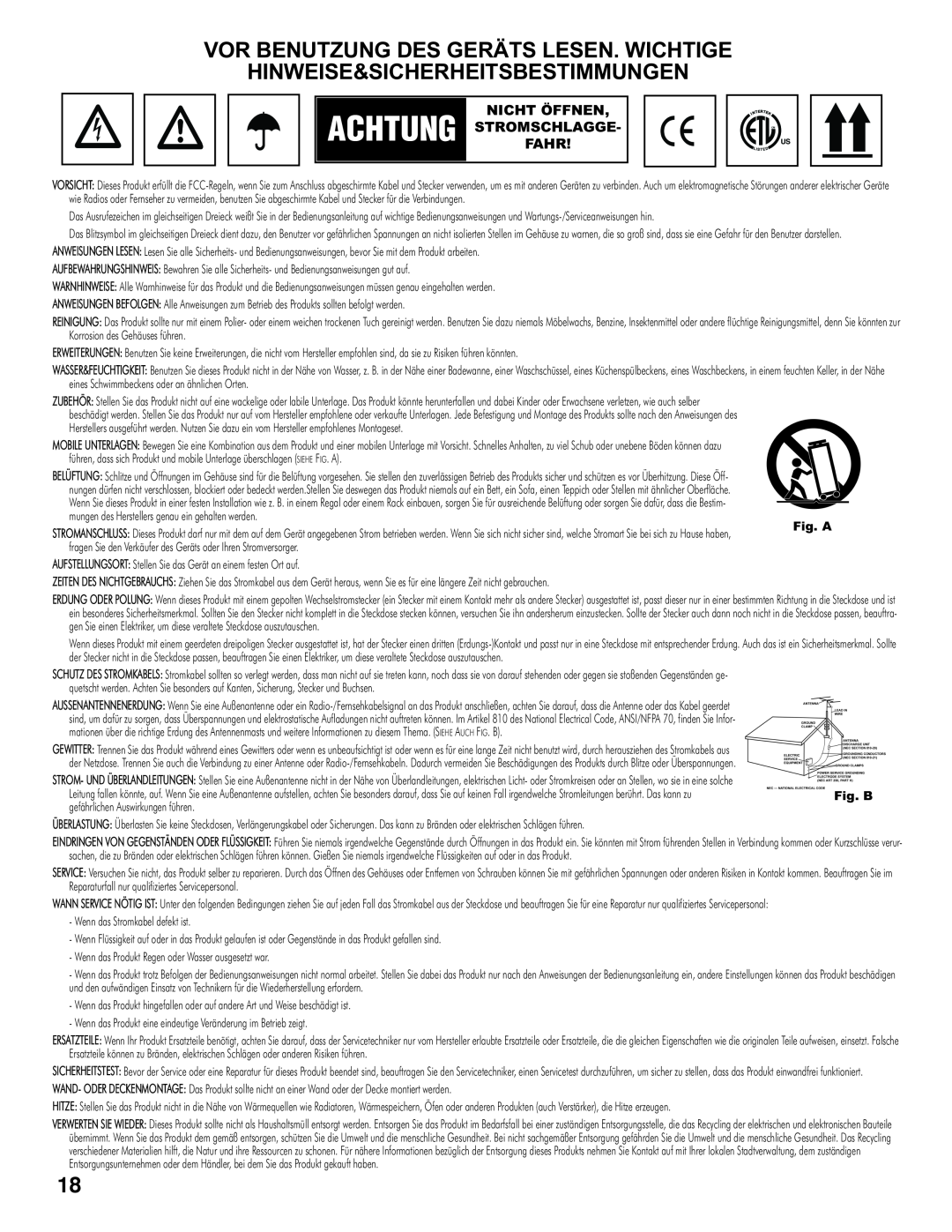 Gemini CDM-3200 manual Achtung, Nicht Öffnen, Stromschlagge, Fahr, Fig. B 