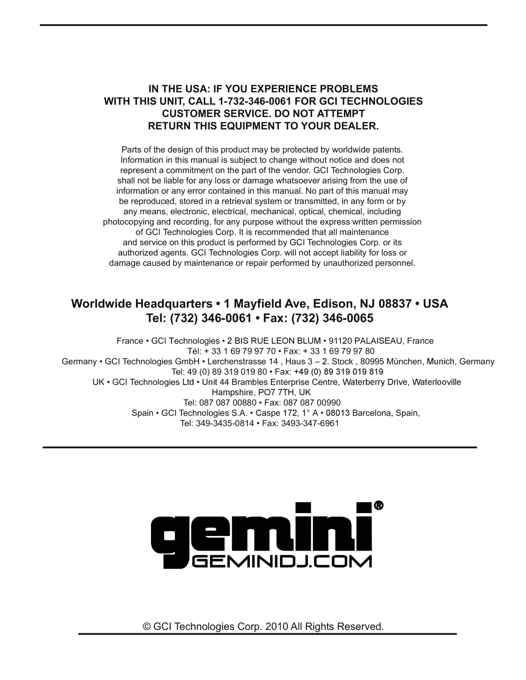 Gemini CDM-3200 manual Tel 732 346-0061 Fax, In The Usa If You Experience Problems, Customer Service. Do Not Attempt 