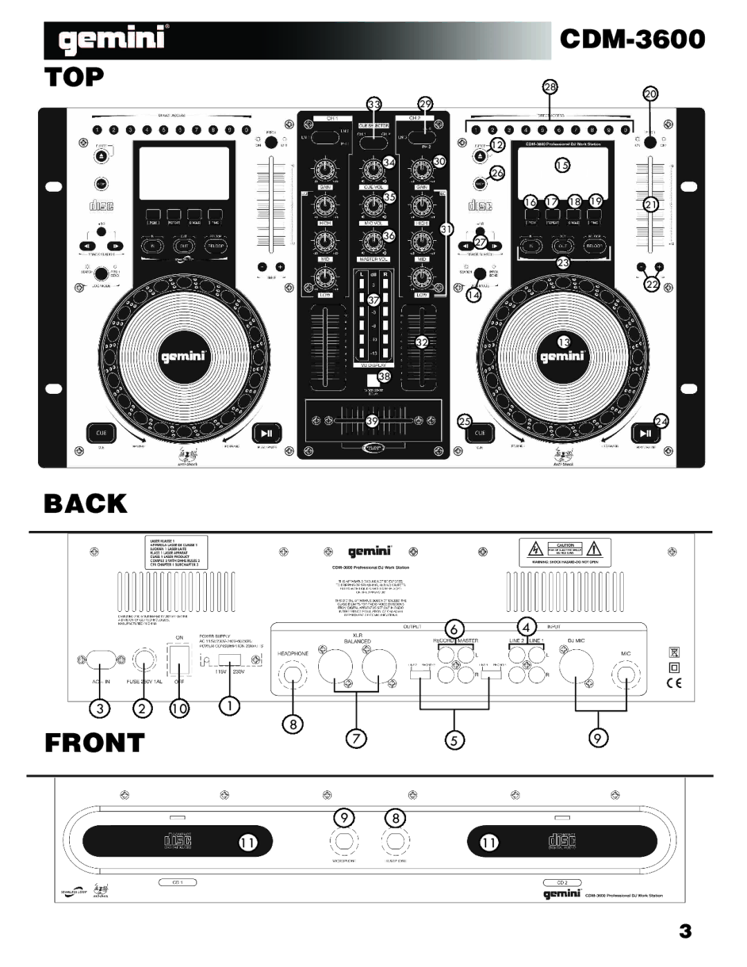 Gemini CDM-3600 manual Top 