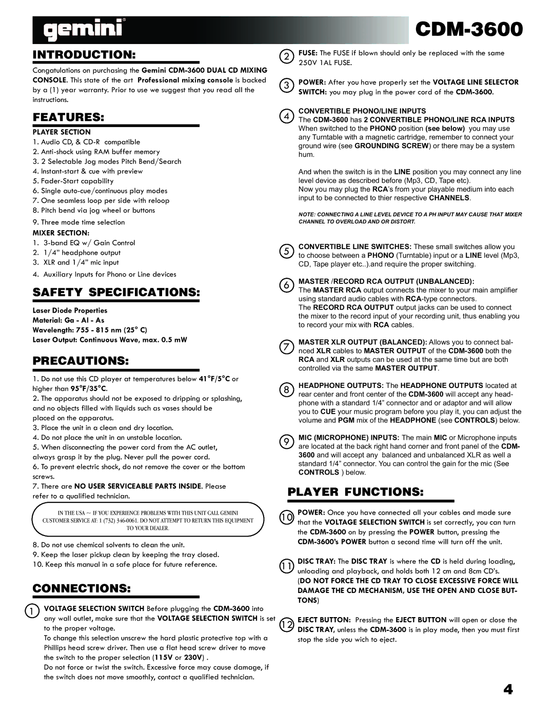 Gemini CDM-3600 manual Introduction, Features, Safety Specifications, Precautions, Connections, Player Functions 