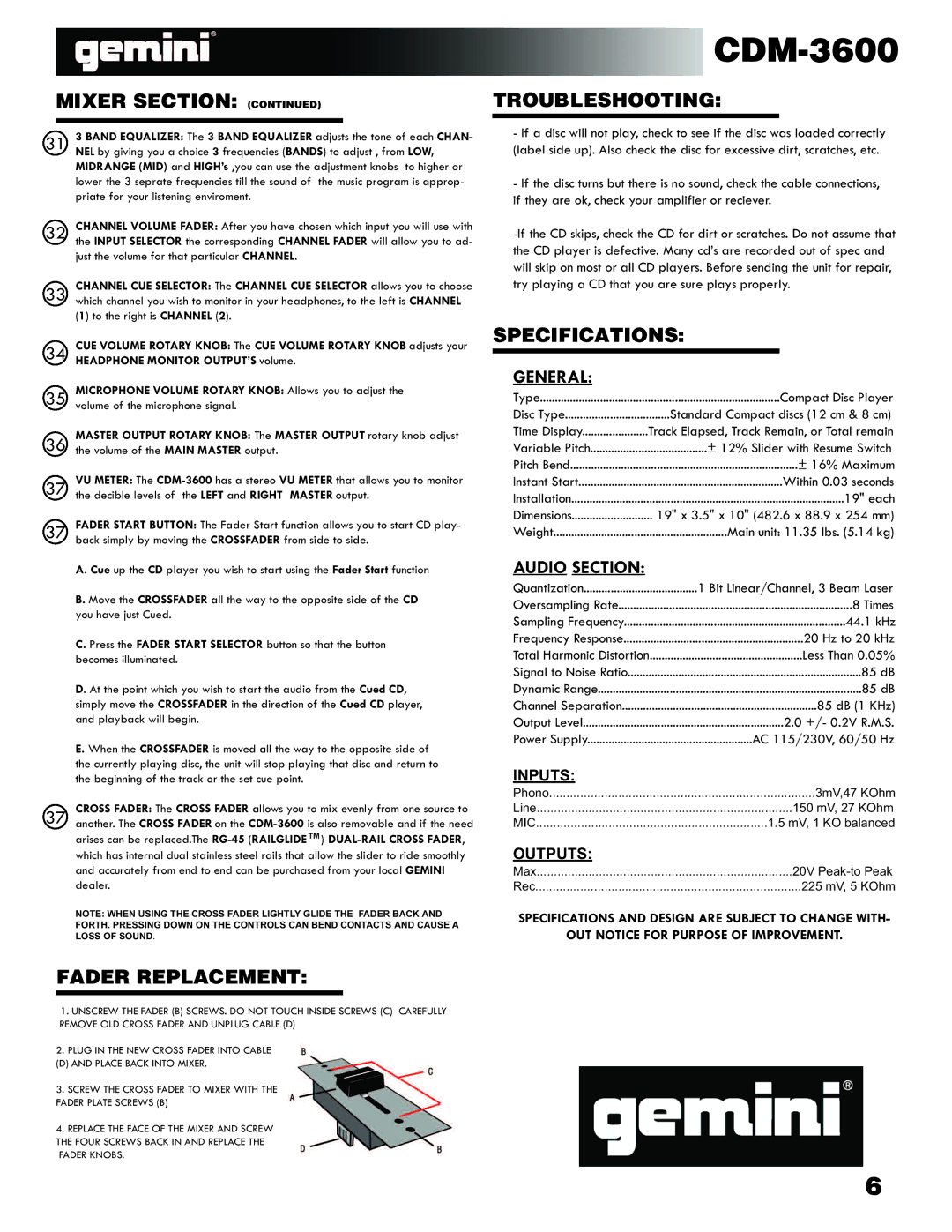 Gemini CDM-3600 manual Troubleshooting, Specifications, Fader Replacement 