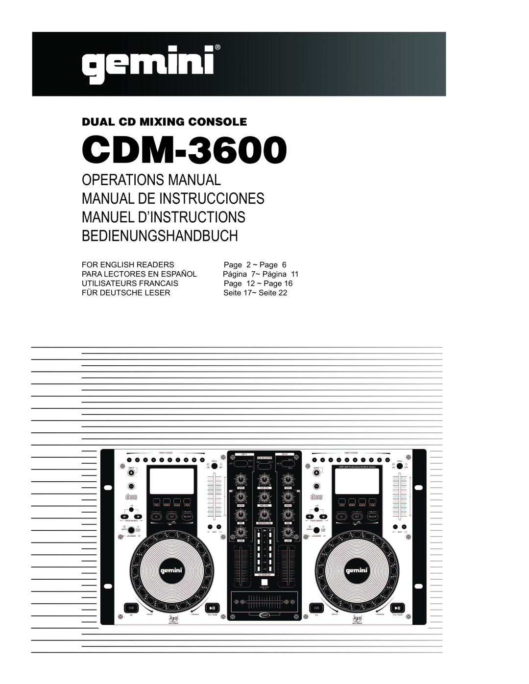 Gemini CDM-3600 manual Dual Cd Mixing Console, Page 2 ~ Page Página 7~ Página Page 12 ~ Page, Seite 17~ Seite 