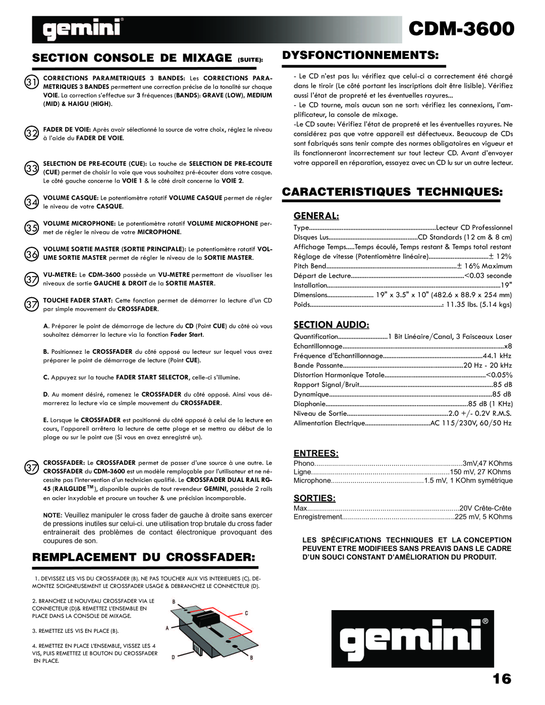 Gemini CDM-3600 manual Section Console De Mixage Suite, Remplacement Du Crossfader, Dysfonctionnements 