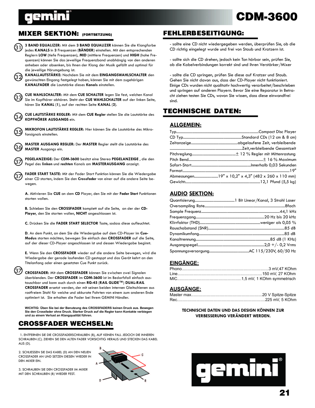 Gemini CDM-3600 manual Mixer Sektion Fortsetzung, Crossfader Wechseln, Fehlerbeseitigung, Technische Daten 
