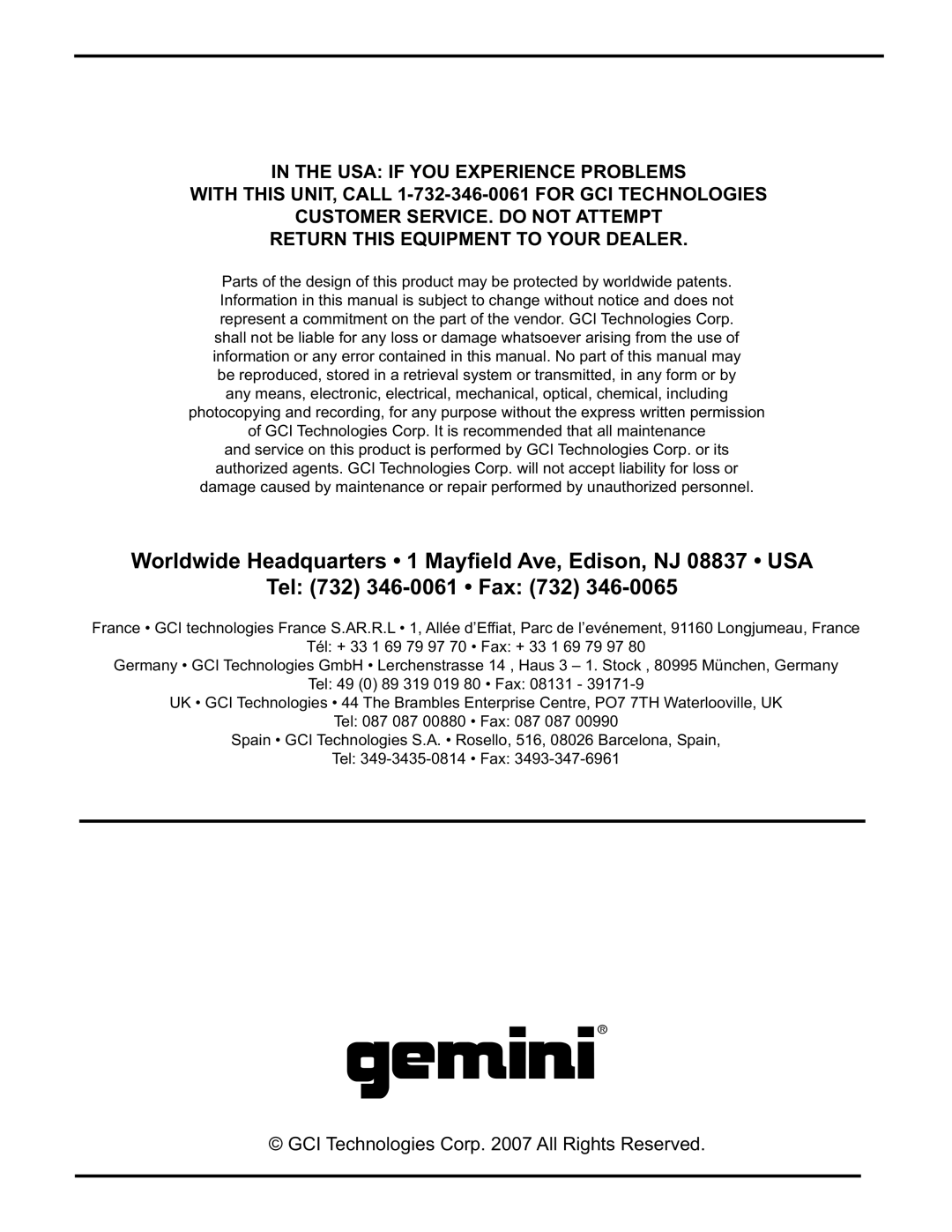 Gemini CDM-3600 manual Tel 732 346-0061 Fax, In The Usa If You Experience Problems, Customer Service. Do Not Attempt 