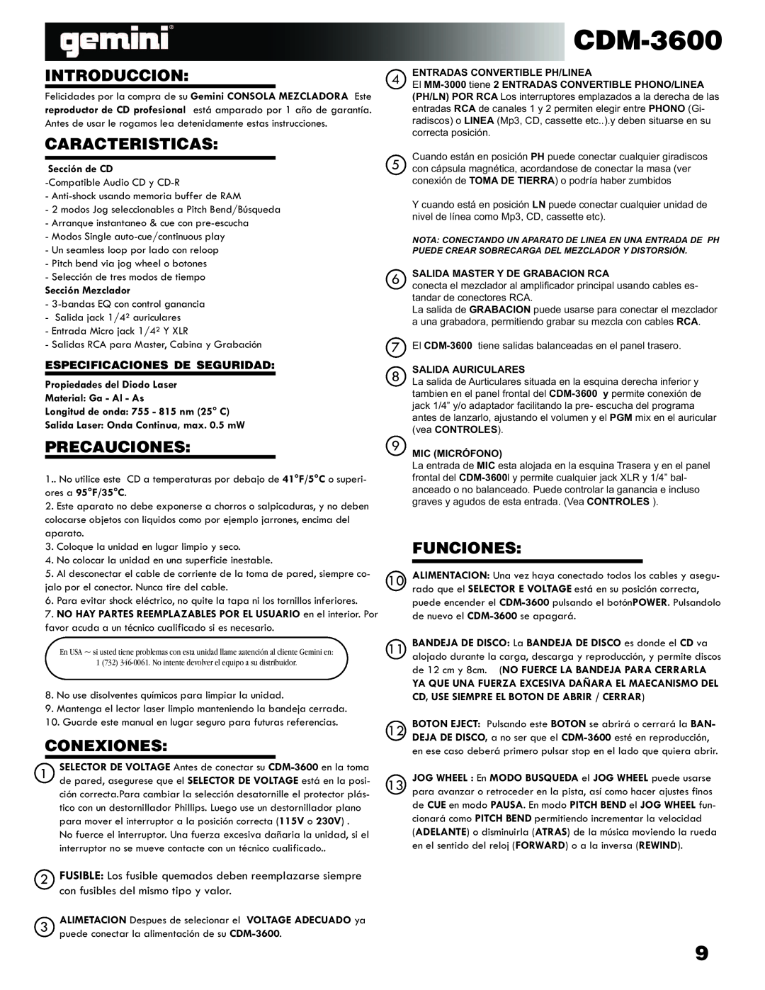 Gemini CDM-3600 manual Introduccion, Caracteristicas, Precauciones, Conexiones, Funciones, Especificaciones De Seguridad 