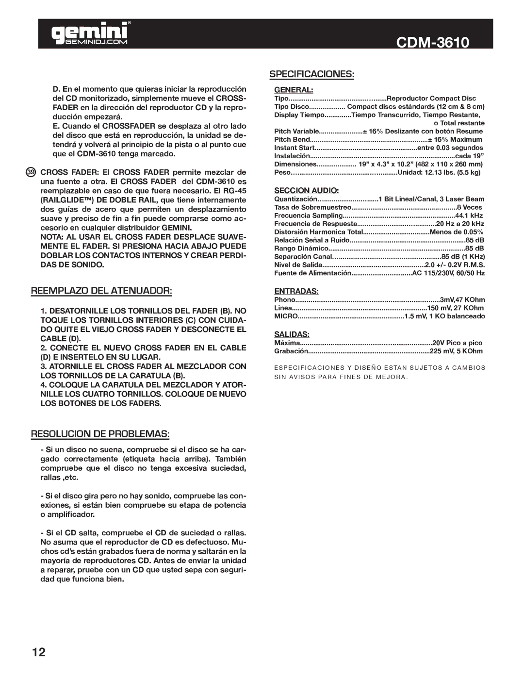 Gemini CDM-3610 manual Reemplazo DEL Atenuador, Resolucion DE Problemas, Specificaciones 