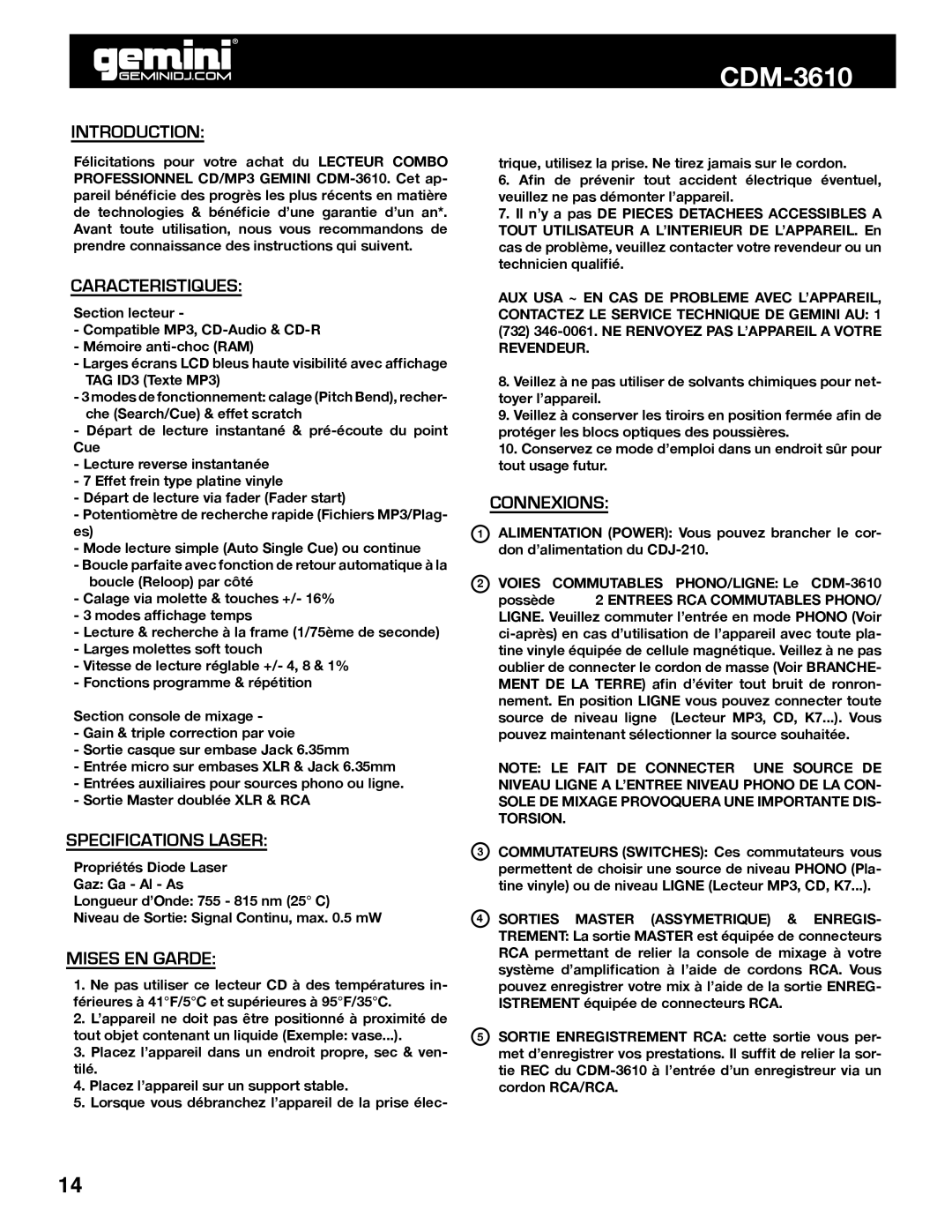 Gemini CDM-3610 Caracteristiques, Specifications Laser, Mises EN Garde, Connexions, Sorties Master Assymetrique & Enregis 