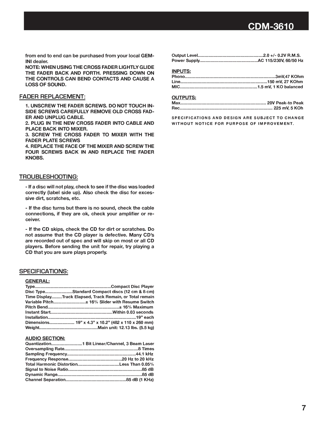 Gemini CDM-3610 manual Fader Replacement, Troubleshooting, Specifications 