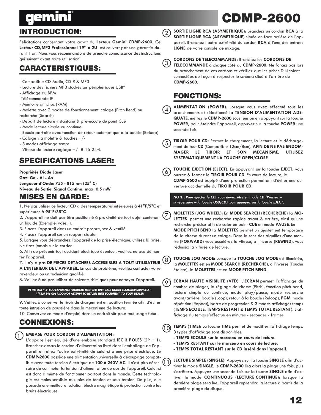 Gemini CDMP-2600 manual Caracteristiques, Specifications Laser, Mises EN Garde, Fonctions, Connexions 