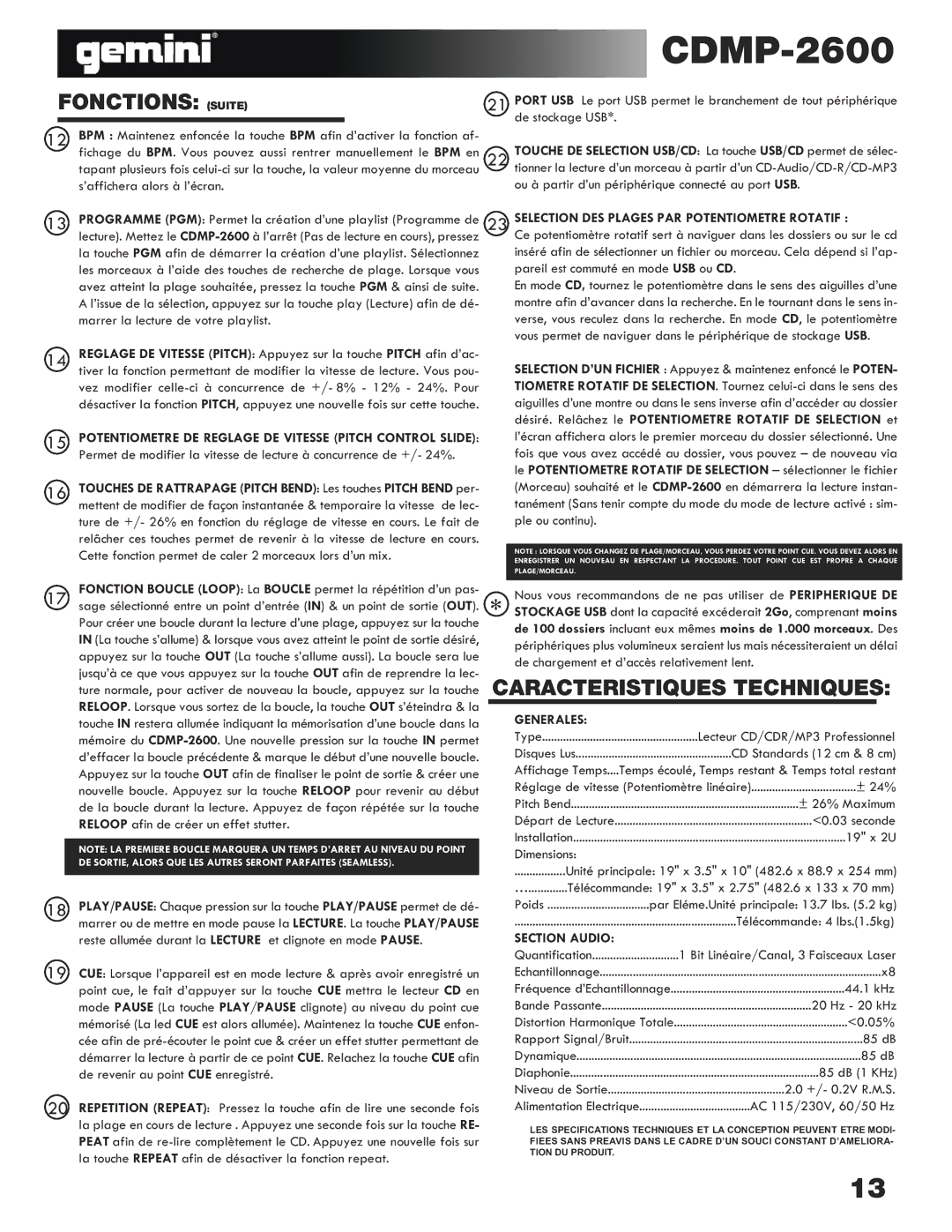 Gemini CDMP-2600 Fonctions Suite, Caracteristiques Techniques, Selection DES Plages PAR Potentiometre Rotatif, Generales 