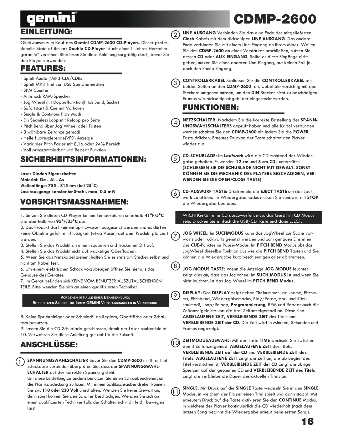 Gemini CDMP-2600 manual Einleitung, Funktionen, Sicherheitsinformationen, Vorsichtsmassnahmen, Anschlüsse 