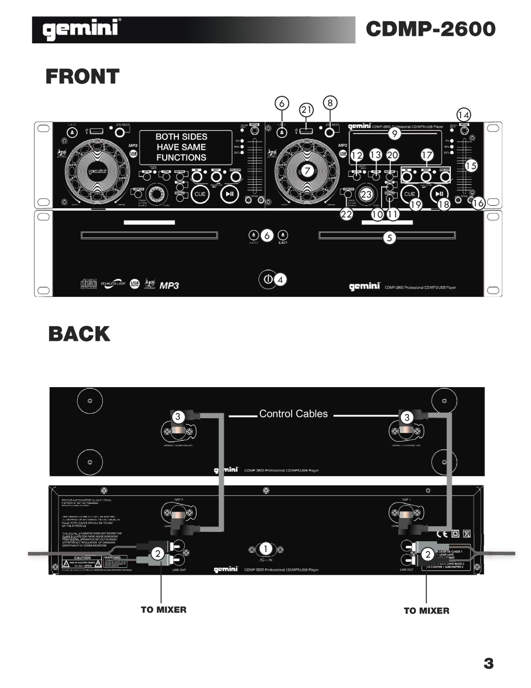 Gemini CDMP-2600 manual Front, Back 