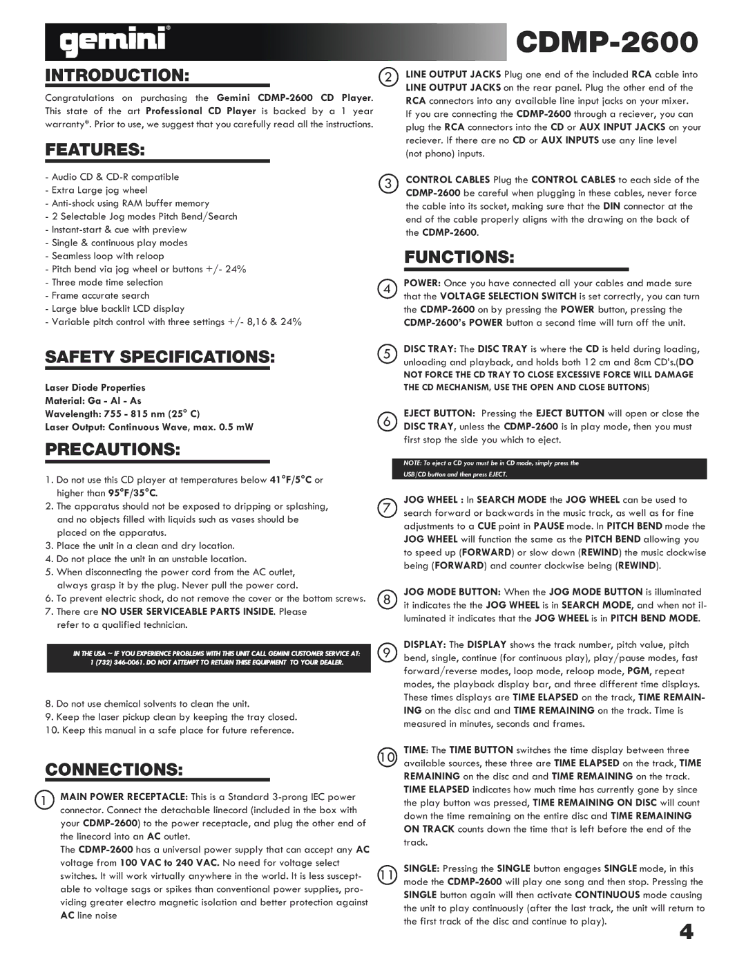 Gemini CDMP-2600 manual Introduction, Features, Safety Specifications, Precautions, Connections, Functions 