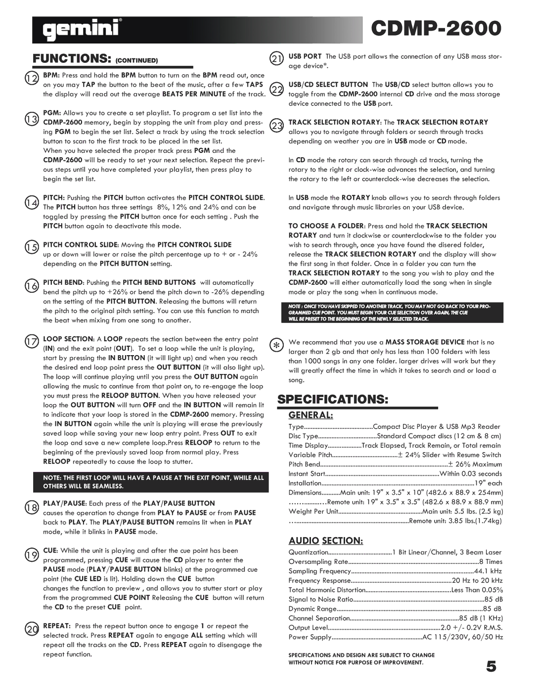 Gemini CDMP-2600 manual Specifications, Pitch Control Slide Moving the Pitch Control Slide 