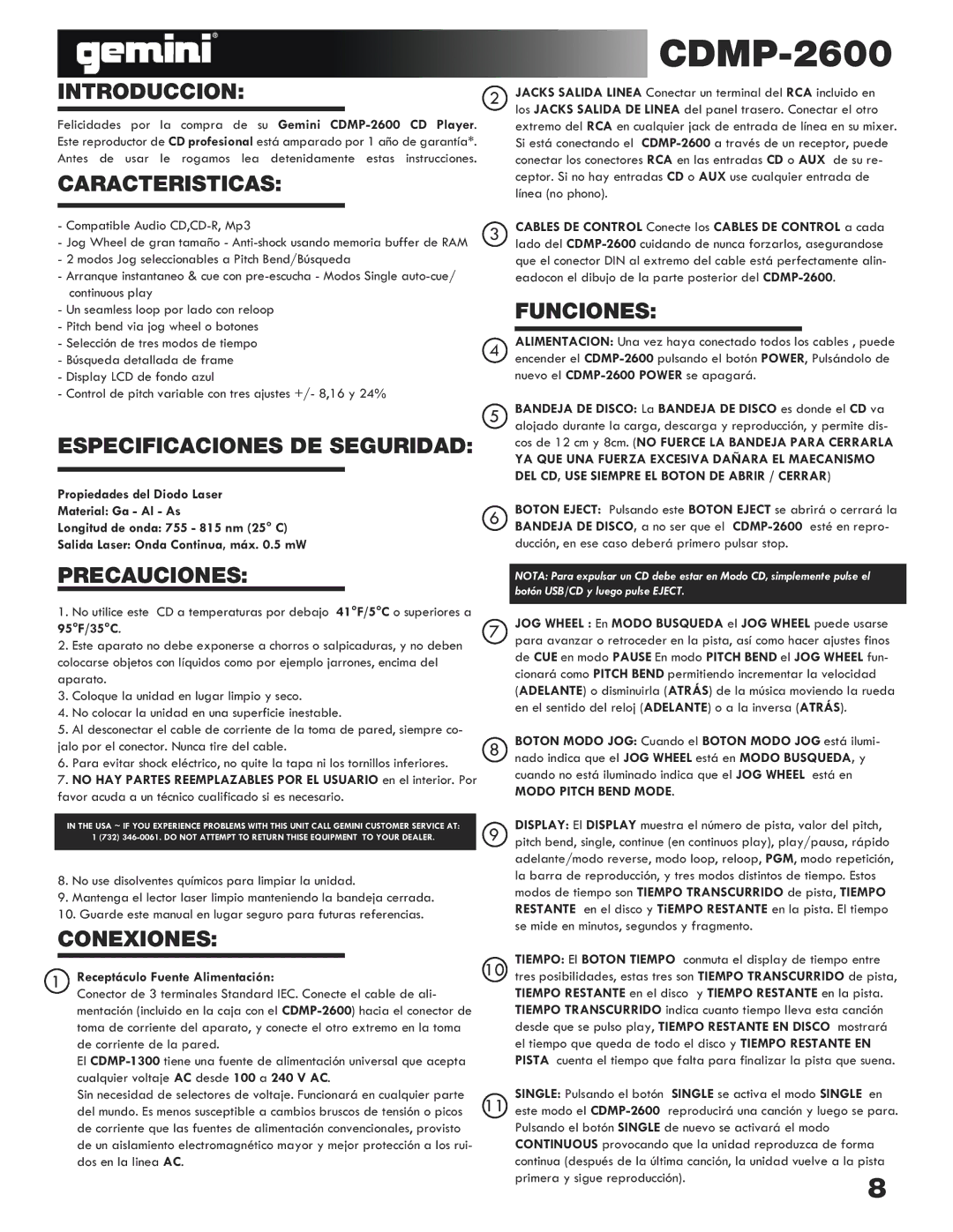 Gemini CDMP-2600 manual Introduccion, Caracteristicas, Especificaciones DE Seguridad, Funciones, Precauciones, Conexiones 