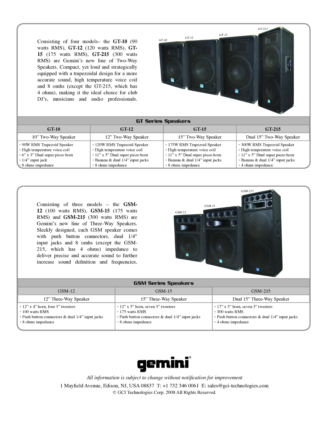 Gemini CDMP-5000, CDMP-1300 manual GT Series Speakers, GSM Series Speakers, GCI Technologies Corp All Rights Reserved 