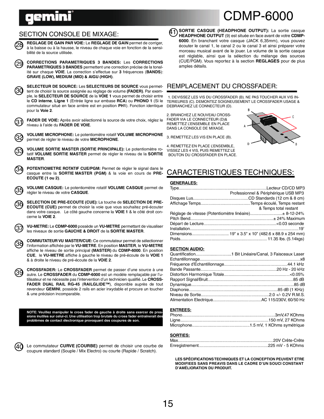 Gemini CDMP-6000 manual Caracteristiques Techniques, Generales, Section Audio, Entrees, Sorties 