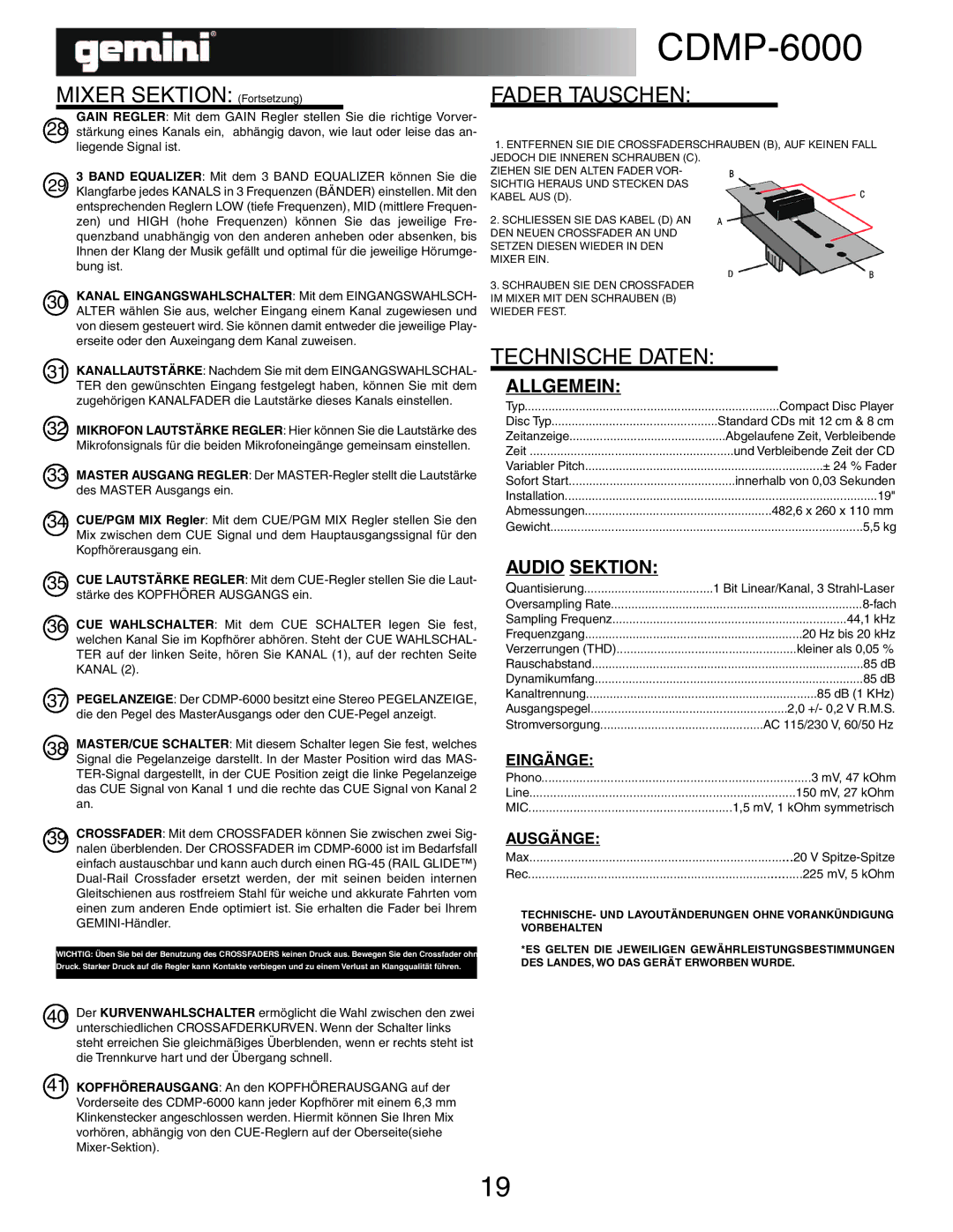 Gemini CDMP-6000 manual Fader Tauschen, Technische Daten 