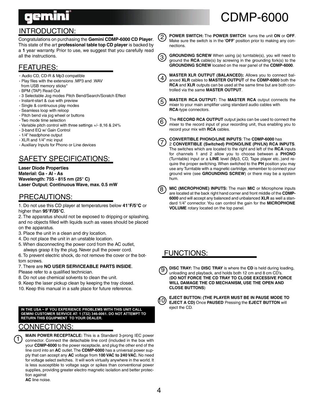 Gemini CDMP-6000 manual Introduction, Features, Safety Specifications, Precautions, Functions, Connections 