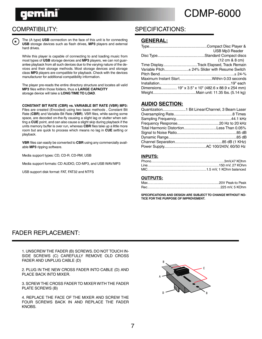 Gemini CDMP-6000 Compatibility, Specifications, Fader Replacement, Constant BIT Rate CBR vs. Variable BIT Rate VBR MP3 