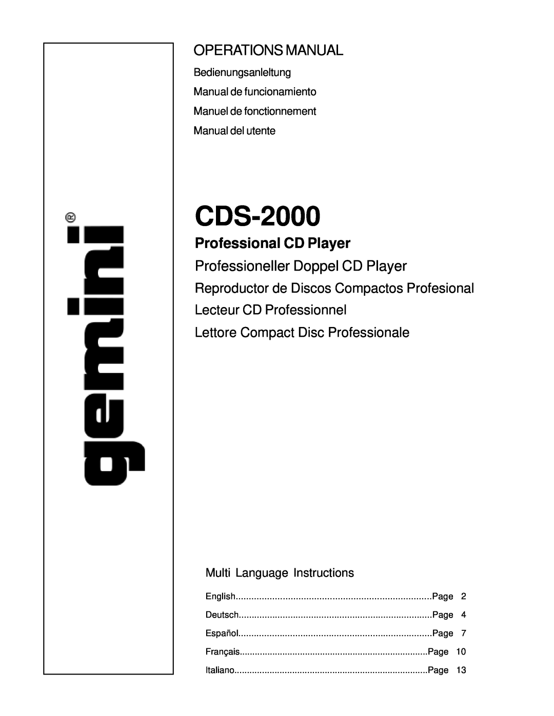 Gemini CDS-2000 manual Operations Manual, Professional CD Player, Professioneller Doppel CD Player 