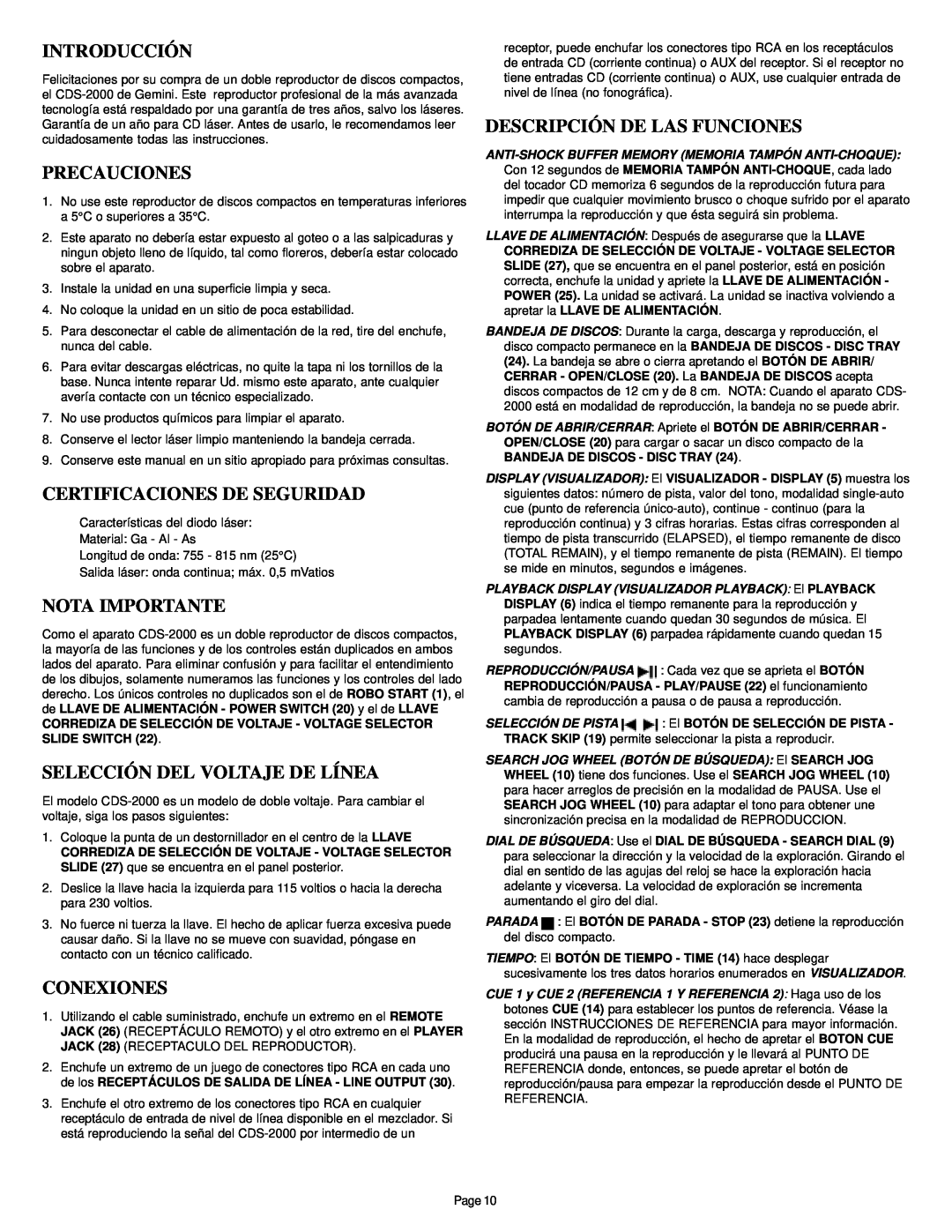 Gemini CDS-2000 Introducción, Precauciones, Certificaciones De Seguridad, Nota Importante, Selección Del Voltaje De Línea 