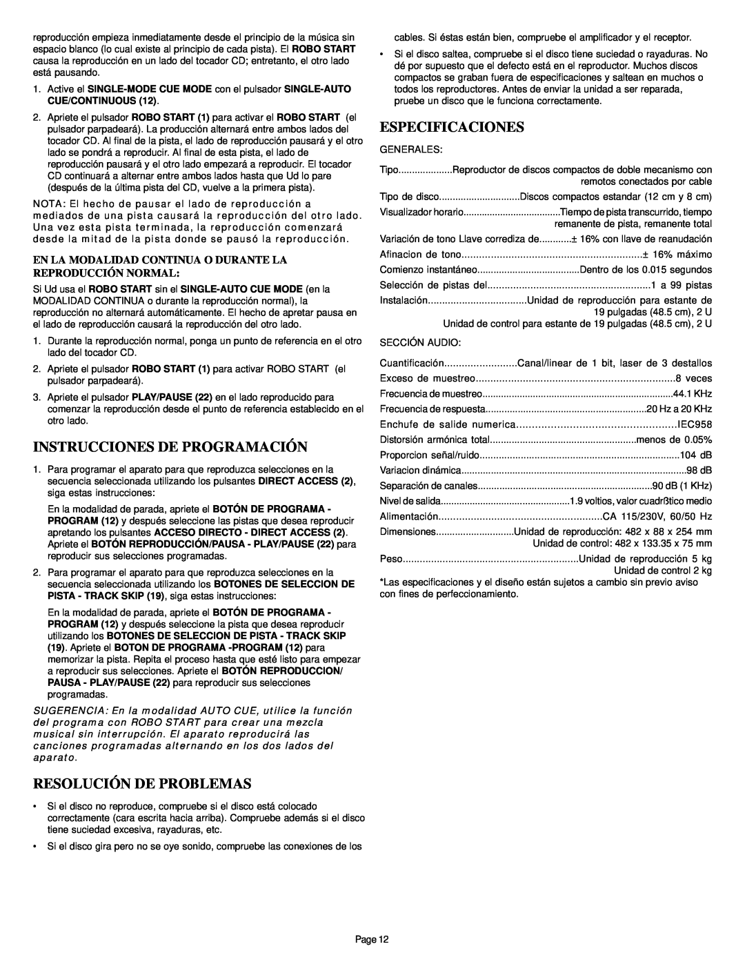 Gemini CDS-2000 manual Instrucciones De Programación, Resolución De Problemas, Especificaciones 