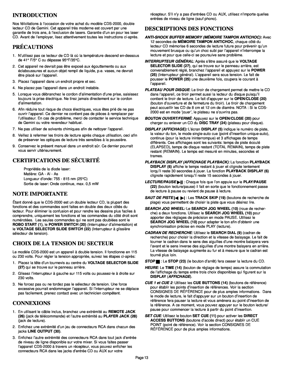 Gemini CDS-2000 manual Précautions, Certifications De Sécurité, Note Importante, Choix De La Tension Du Secteur, Connexions 