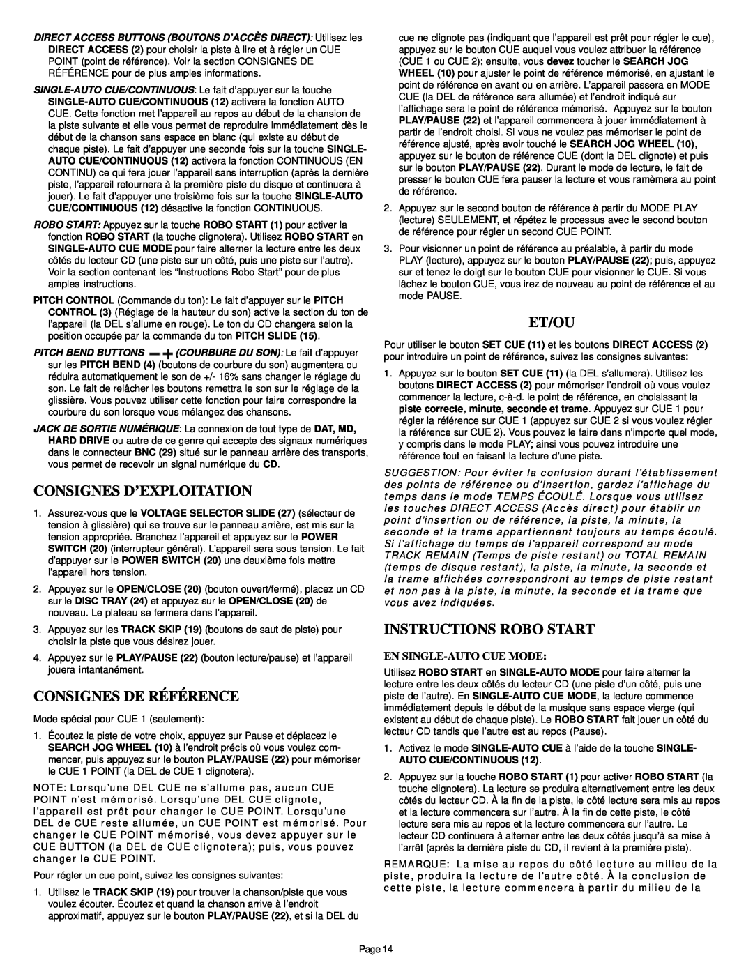Gemini CDS-2000 Consignes D’Exploitation, Consignes De Référence, Et/Ou, Instructions Robo Start, En Single-Autocue Mode 