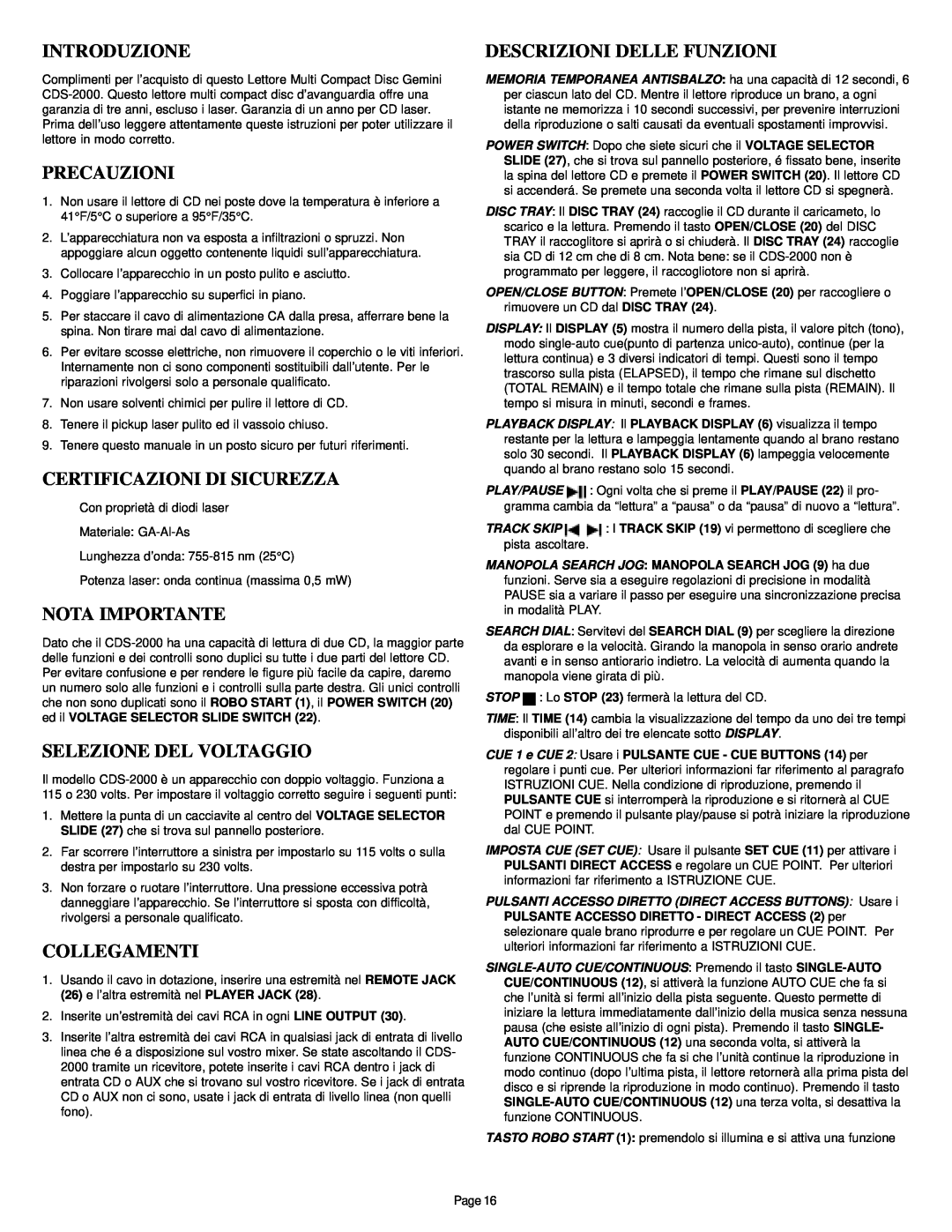 Gemini CDS-2000 manual Introduzione, Precauzioni, Certificazioni Di Sicurezza, Selezione Del Voltaggio, Collegamenti 