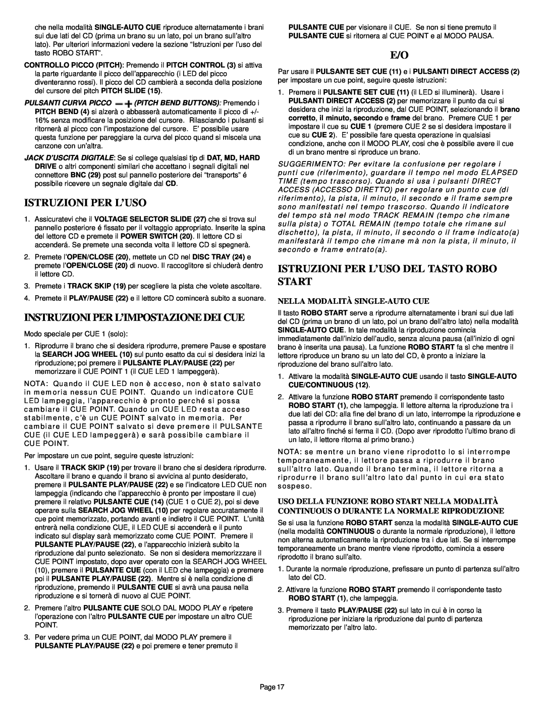 Gemini CDS-2000 manual Instruzioni Per L’Impostazione Dei Cue, Istruzioni Per L’Uso Del Tasto Robo Start 