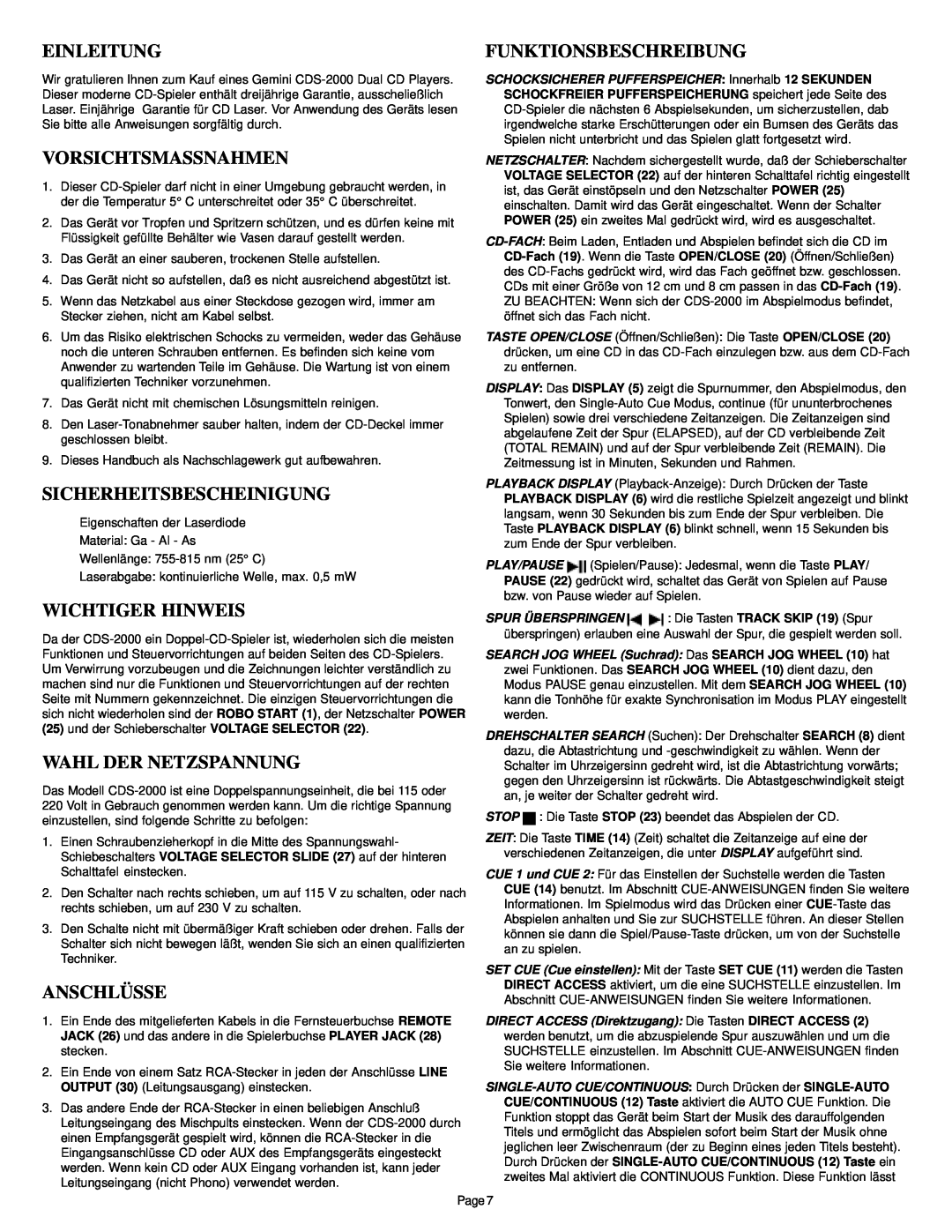 Gemini CDS-2000 manual Einleitung, Funktionsbeschreibung, Vorsichtsmassnahmen, Sicherheitsbescheinigung, Wichtiger Hinweis 