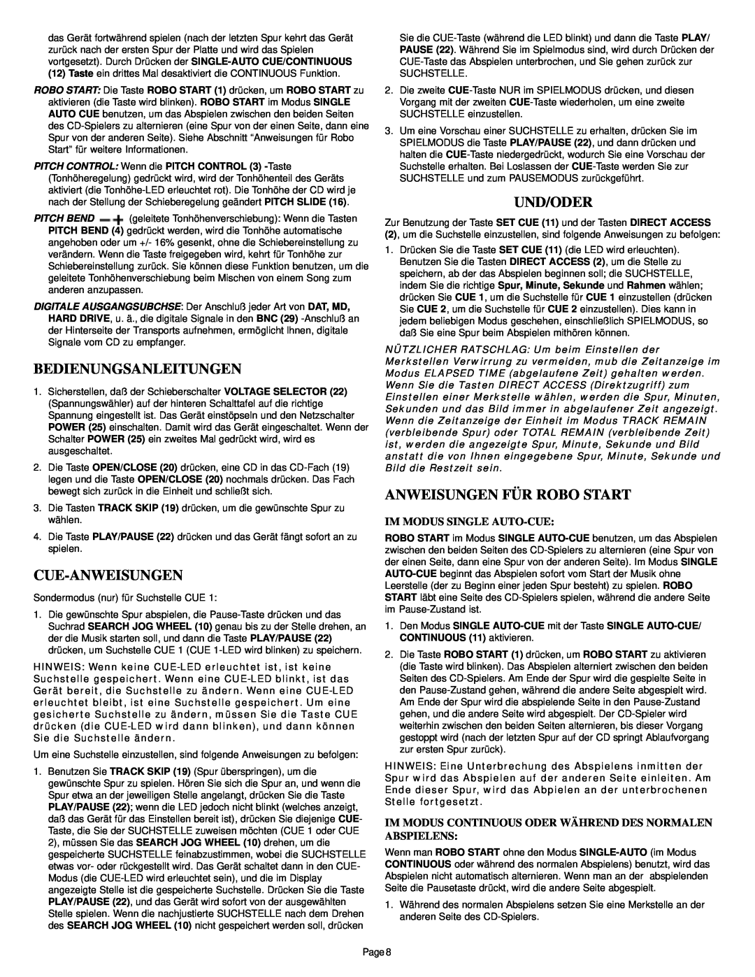 Gemini CDS-2000 Bedienungsanleitungen, Cue-Anweisungen, Und/Oder, Anweisungen Für Robo Start, Im Modus Single Auto-Cue 
