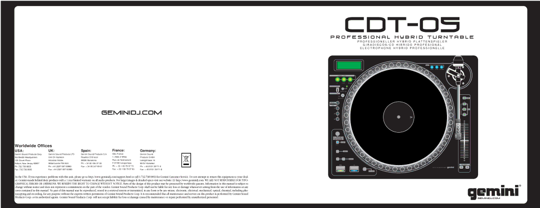 Gemini CDT-05 warranty Worldwide Offices, R a D I S C O S / C D H I B R I D O P R O F E S I O N a L 