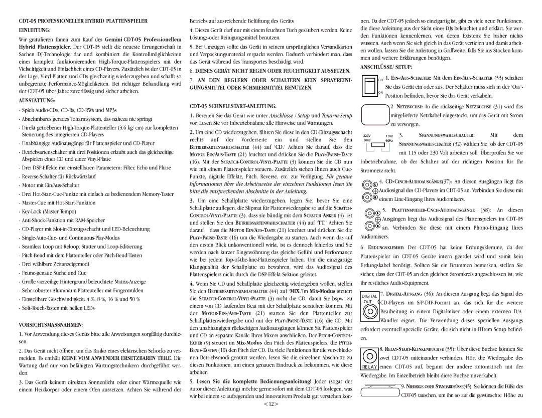 Gemini CDT-05 Professioneller Hybrid Plattenspieler Einleitung, Ausstattung, Vorsichtsmassnahmen, ANSCHLÜSSE/ Setup 